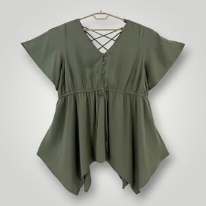 Torrid Blouse Womens Size 3X Green Crisscross Back Flutter Sleeve Tunic Top Plus